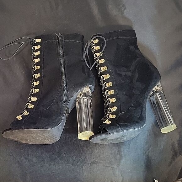 WILD DIVA FAUX SUEDE LICITE HEEL PEEP TOE LACE-UP FRONT BOOTIE - Picture 10 of 14